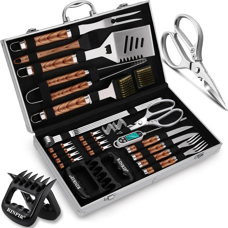 RINPIR 35pcs Deluxe Grilling Gifts Set for Birthday Fathers Day, Stainless Steel BBQ Accessories Kit for Men Dad, Professional Grill Tools Utensils with Scissors, Meat Claws in Aluminum Case Brown - Image 1